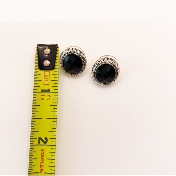 Simple Silver Scroll Design Earrings with Black Beaded Cabochon - Picture 2 of 5